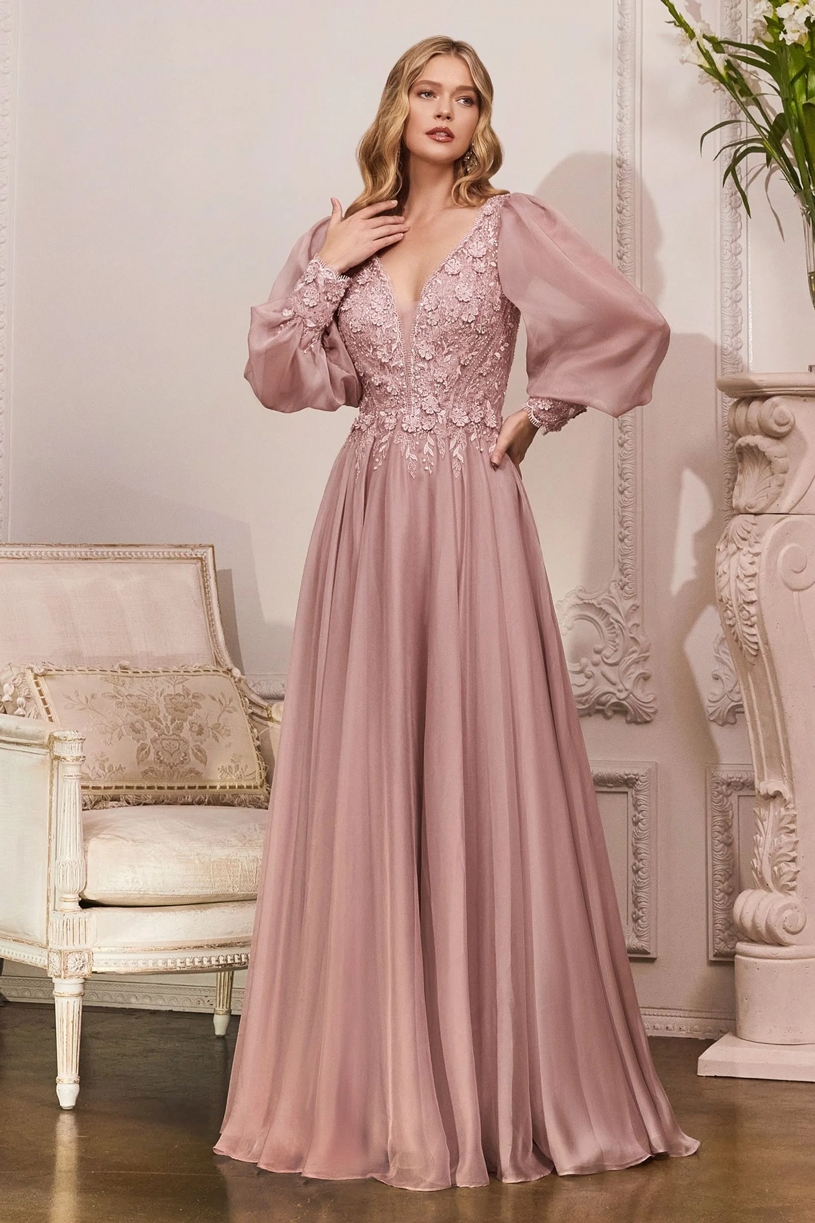 Elegant Long Puff Sleeves A-Line Chiffon Embellished V-Neck Open Back Long Evening & Prom Dress CDCD0183 Sale