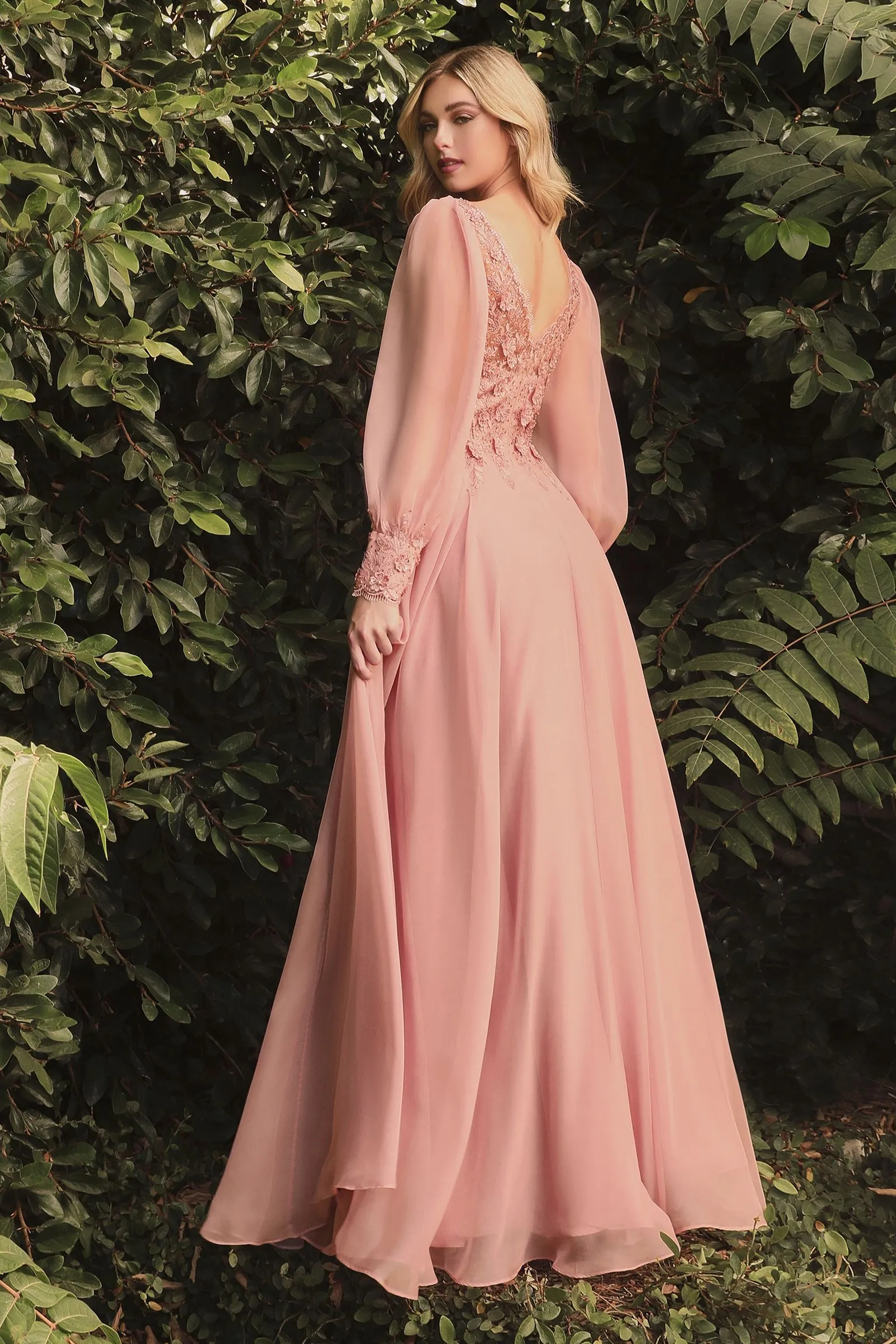 Elegant Long Puff Sleeves A-Line Chiffon Embellished V-Neck Open Back Long Evening & Prom Dress CDCD0183 Sale