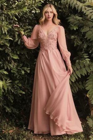 Elegant Long Puff Sleeves A-Line Chiffon Embellished V-Neck Open Back Long Evening & Prom Dress CDCD0183 Sale