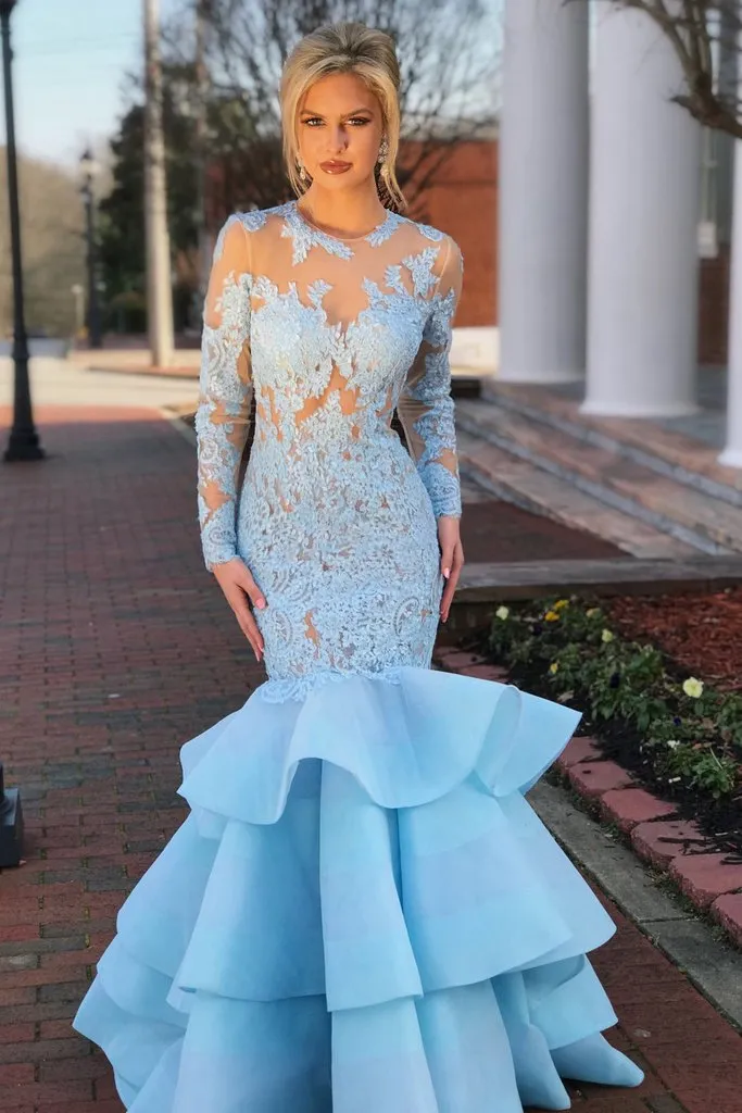 Elegant Long Sleeves Mermaid Blue Lace Layered Prom Dress with Open Back PFP0251