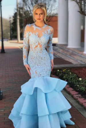 Elegant Long Sleeves Mermaid Blue Lace Layered Prom Dress with Open Back PFP0251