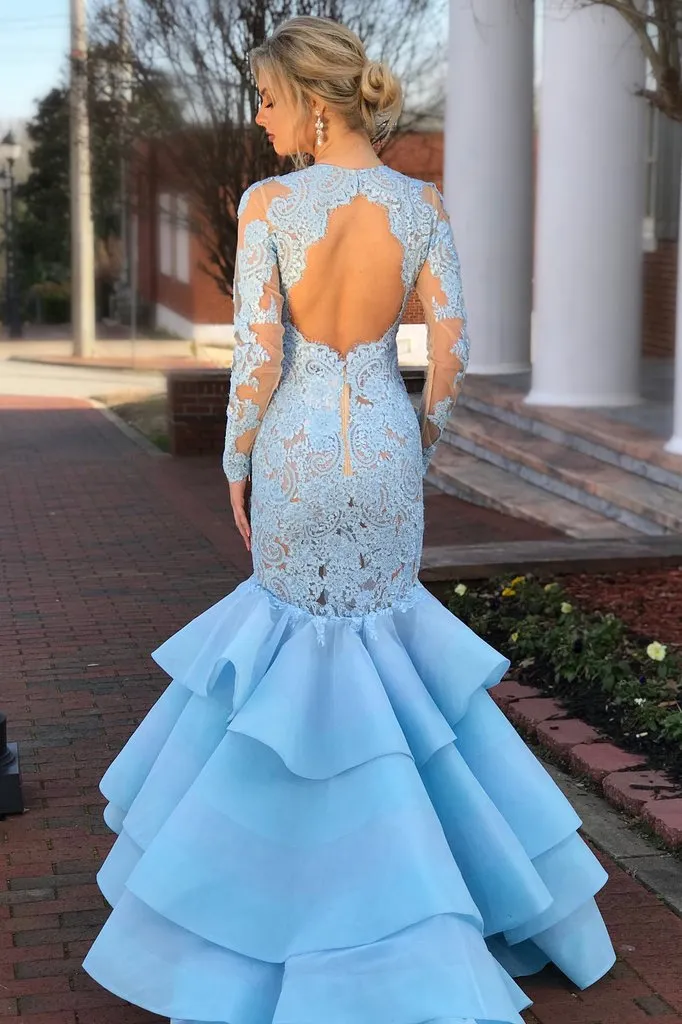 Elegant Long Sleeves Mermaid Blue Lace Layered Prom Dress with Open Back PFP0251