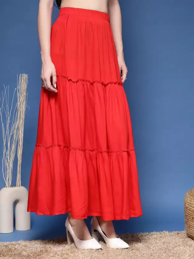 Elegant Red Tiered Flared Skirt