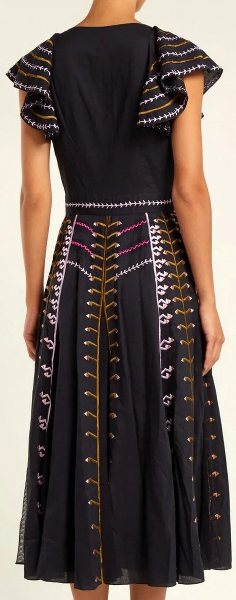 Embroidered Flutter-Sleeve Dress