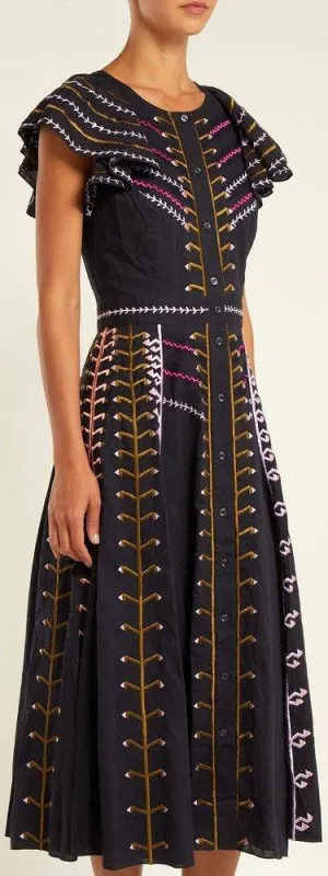 Embroidered Flutter-Sleeve Dress