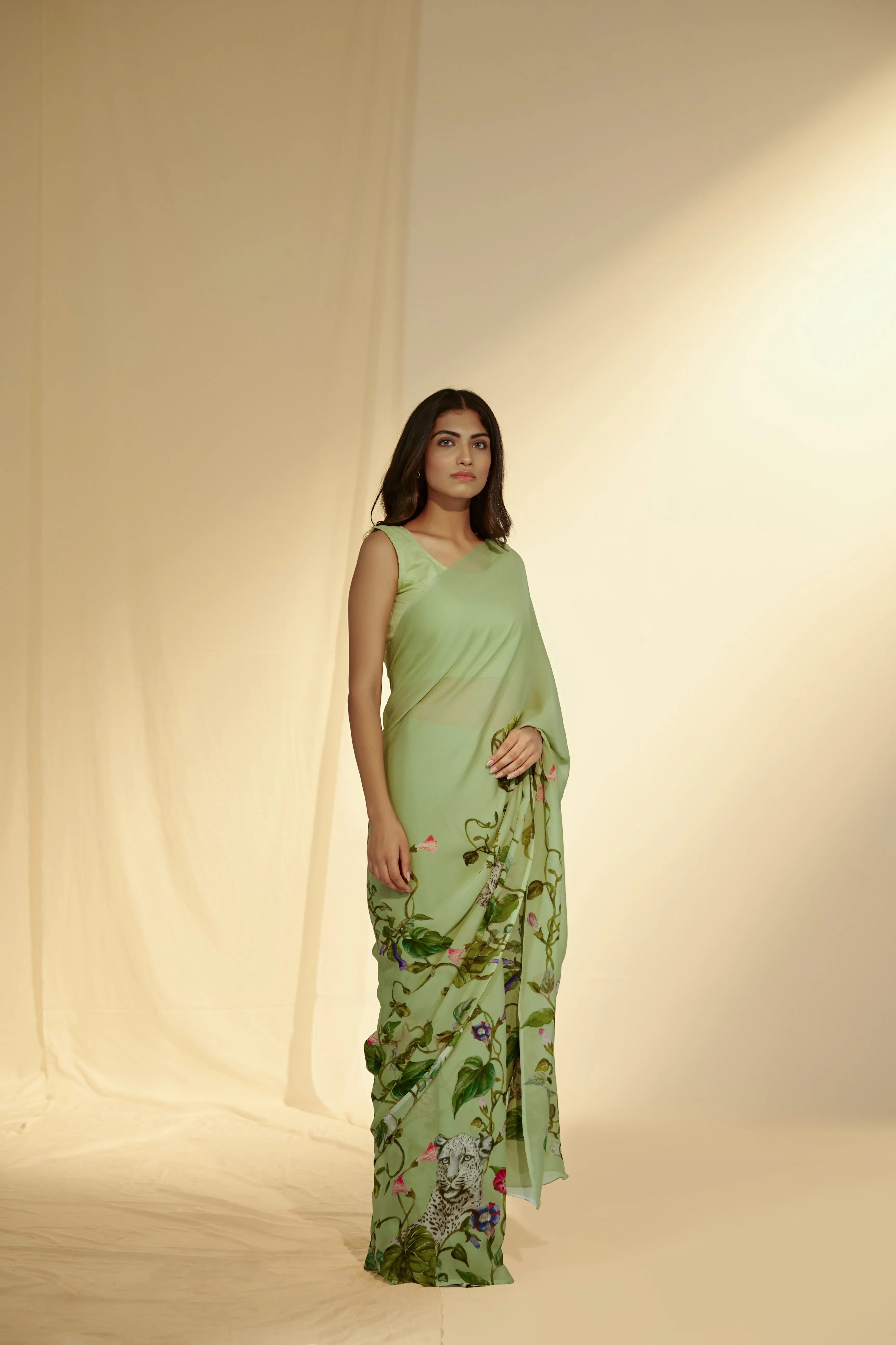 Enchanted Forest - Leopards & Creeper Chiffon Saree