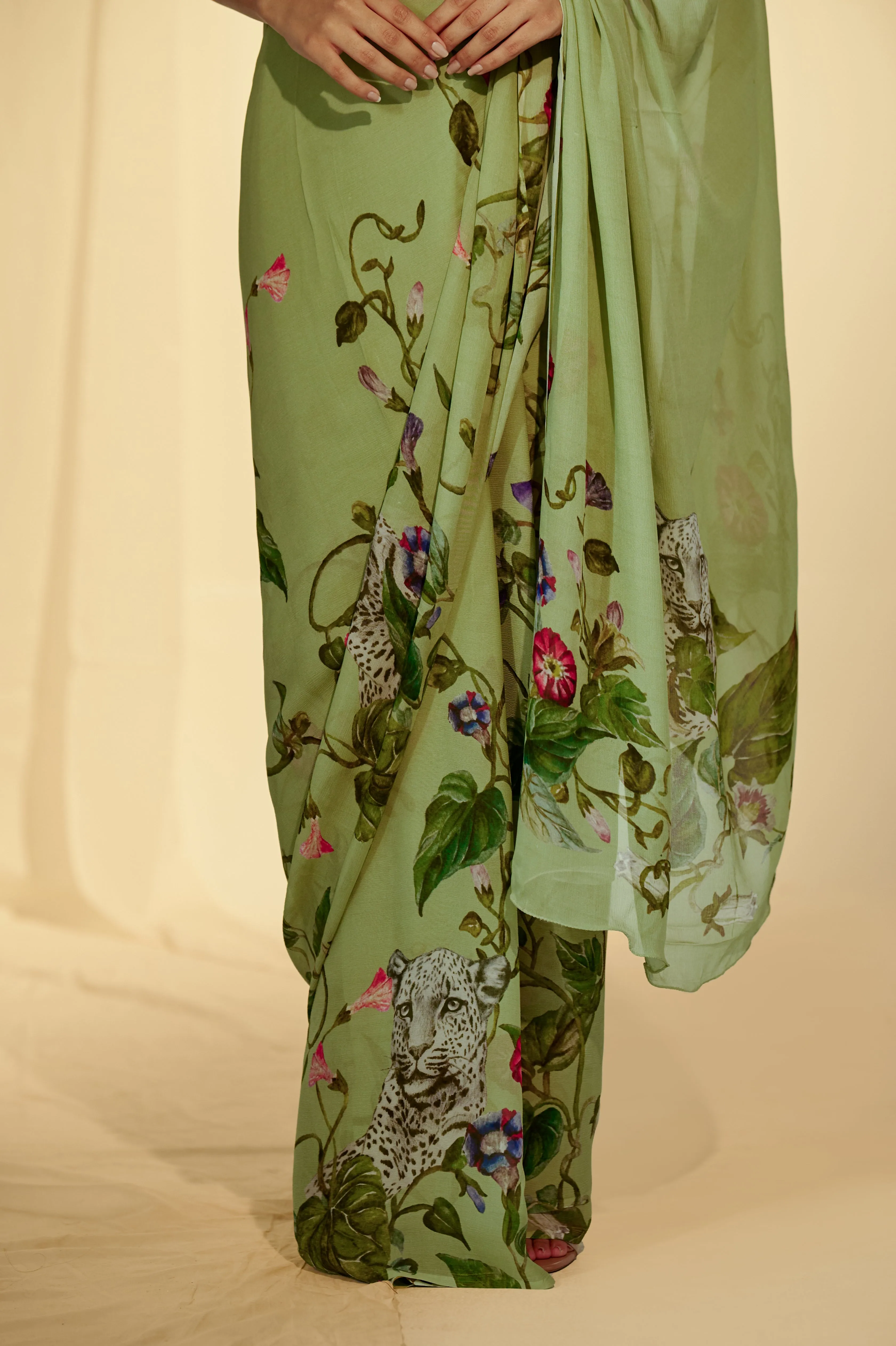 Enchanted Forest - Leopards & Creeper Chiffon Saree