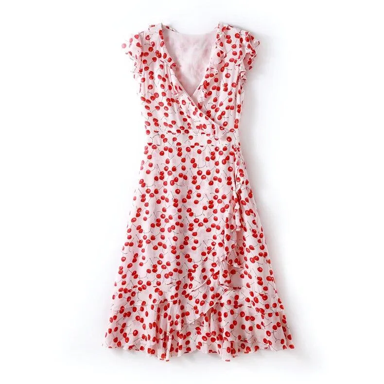 FashionSierra - V Neck Short Sleeves Ruffles Printed Floral Fashion Dresses