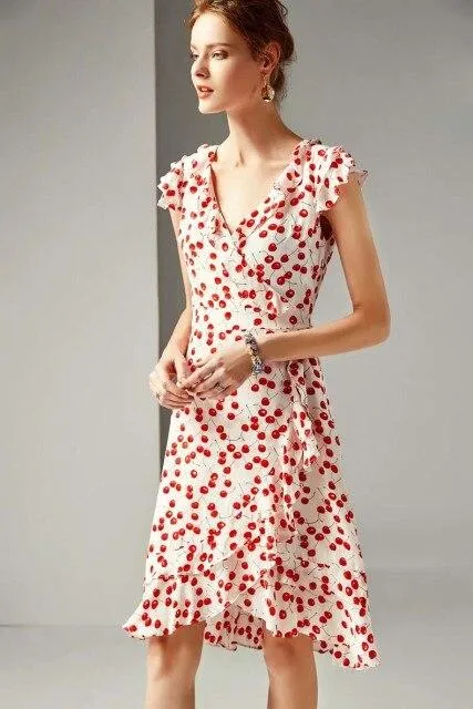 FashionSierra - V Neck Short Sleeves Ruffles Printed Floral Fashion Dresses