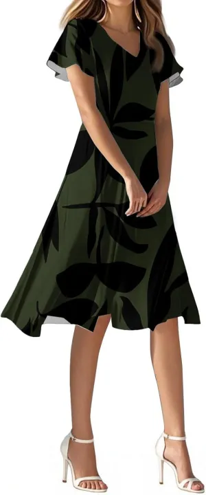 Floral Dress for Women Short Sleeve Knee Length Summer Short Sleeve Summer 2025 V Neck Modest Sundress Dress