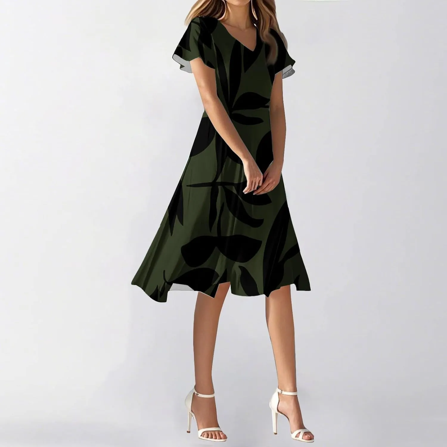 Floral Dress for Women Short Sleeve Knee Length Summer Short Sleeve Summer 2025 V Neck Modest Sundress Dress
