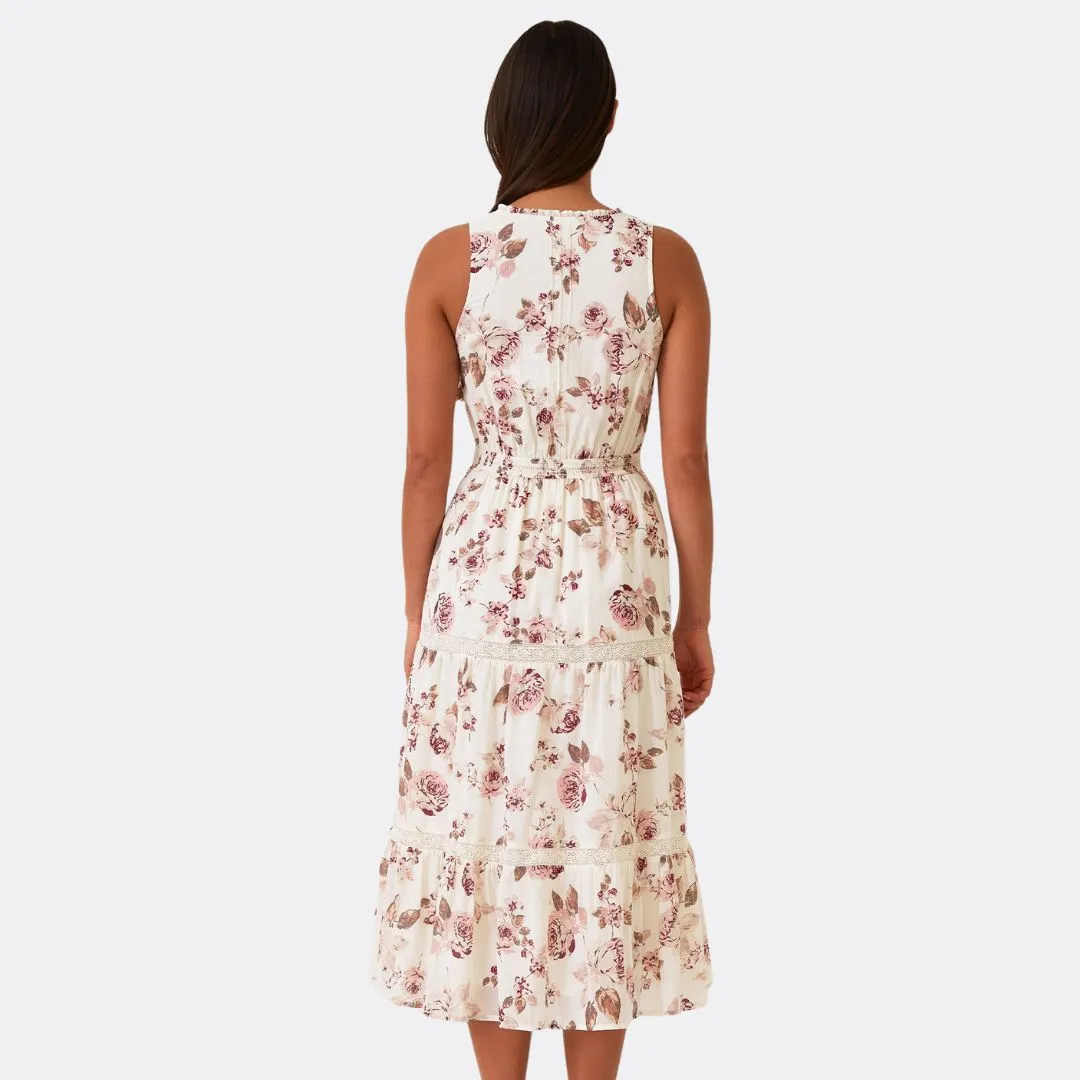 Floral Lace Sleeveless Tiered Midi Dress (Natural   Dusty Wine)