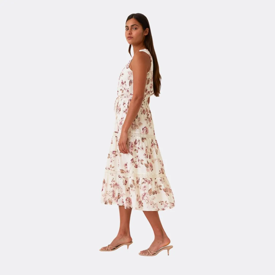 Floral Lace Sleeveless Tiered Midi Dress (Natural   Dusty Wine)