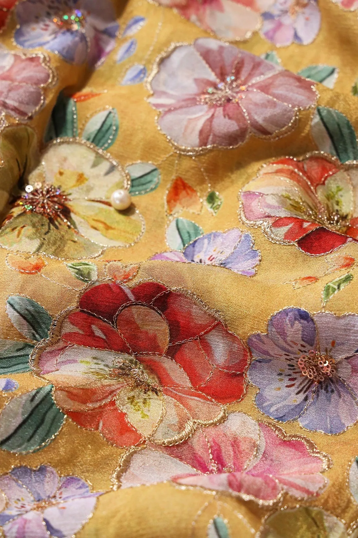 Floral Position Print On Sequins Embroidery Yellow Viscose Chinnon Chiffon Fabric