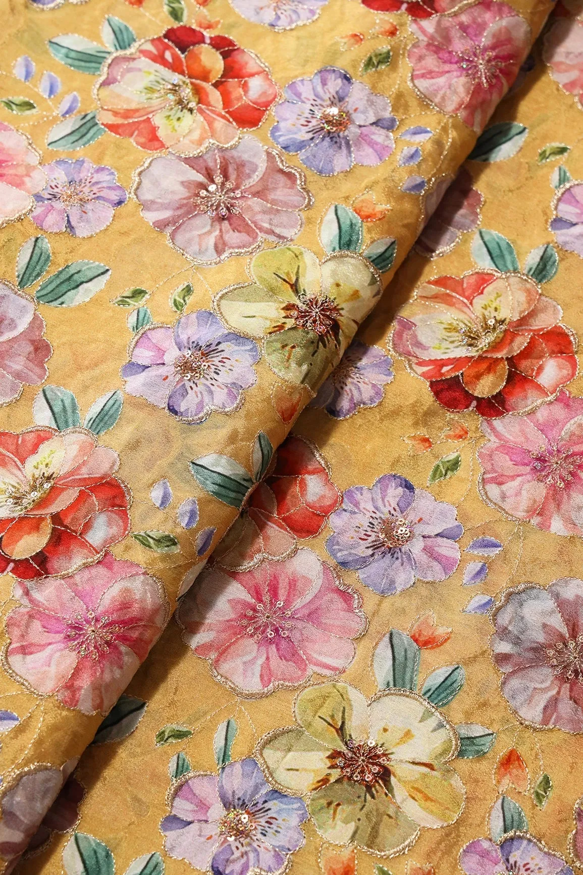 Floral Position Print On Sequins Embroidery Yellow Viscose Chinnon Chiffon Fabric
