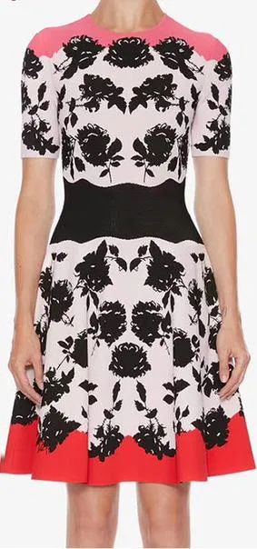 Floral-Print Knitted Fit and Flare Dress