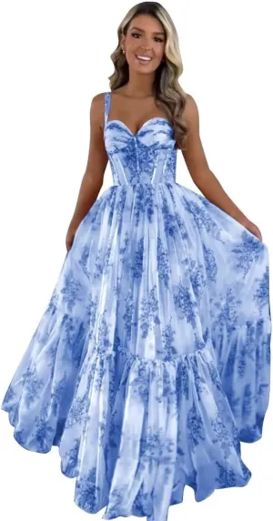 Floral Print Prom Dresses for Women A Line Tulle Formal Evening Dress Spaghetti Straps Ball Gowns AP33