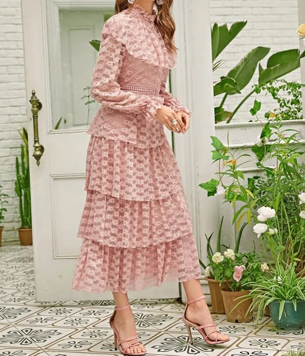 Flounce Sleeve Layered Ruffle Hem Lace Overlay Dress