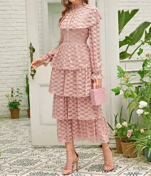 Flounce Sleeve Layered Ruffle Hem Lace Overlay Dress
