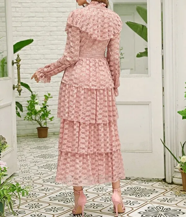 Flounce Sleeve Layered Ruffle Hem Lace Overlay Dress