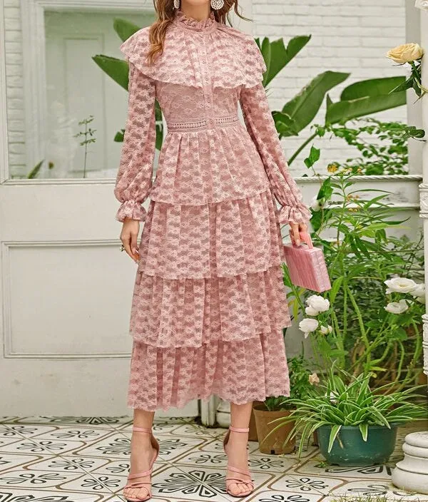 Flounce Sleeve Layered Ruffle Hem Lace Overlay Dress