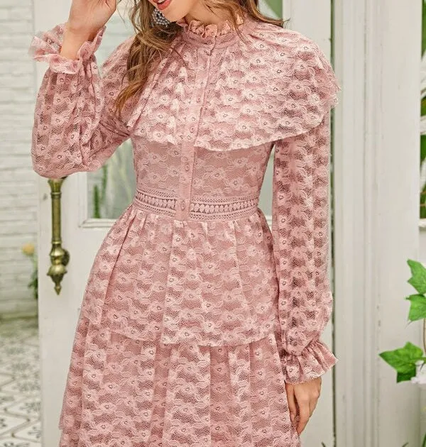 Flounce Sleeve Layered Ruffle Hem Lace Overlay Dress