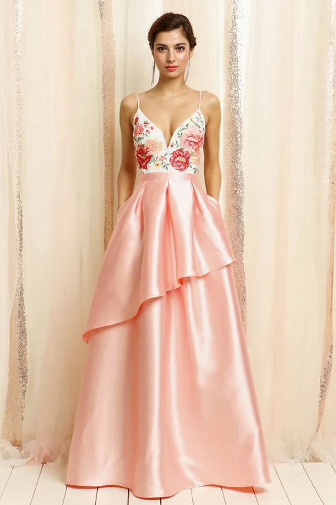 Flower Embroidered Bodice Top Layered Gown Dress