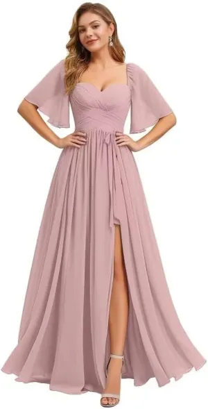 Flutter Sleeve Bridesmaid Dresses for Women Ruched Chiffon A Line Formal Dress with Slit