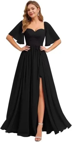 Flutter Sleeve Bridesmaid Dresses for Women Ruched Chiffon A Line Formal Dress with Slit