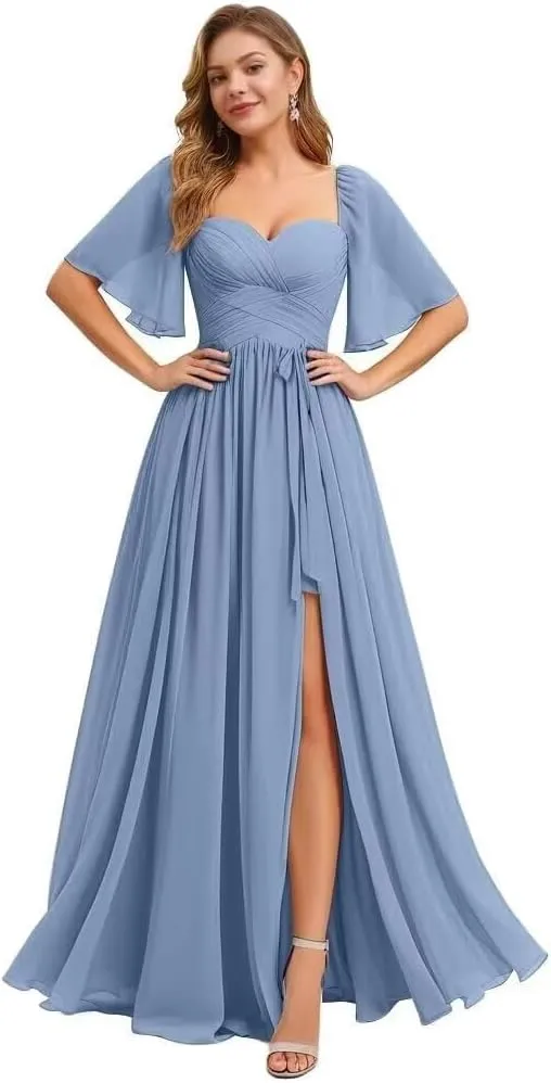Flutter Sleeve Bridesmaid Dresses for Women Ruched Chiffon A Line Formal Dress with Slit
