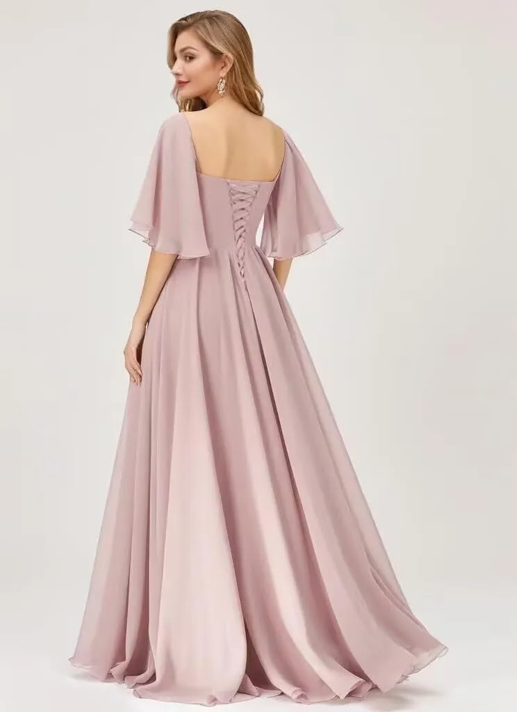 Flutter Sleeve Bridesmaid Dresses for Women Ruched Chiffon A Line Formal Dress with Slit