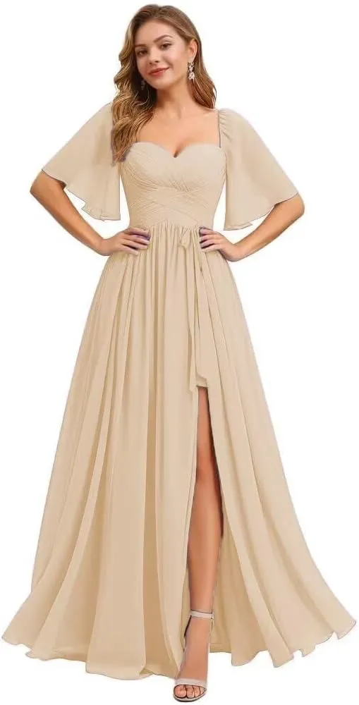 Flutter Sleeve Bridesmaid Dresses for Women Ruched Chiffon A Line Formal Dress with Slit