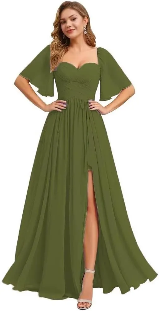 Flutter Sleeve Bridesmaid Dresses for Women Ruched Chiffon A Line Formal Dress with Slit
