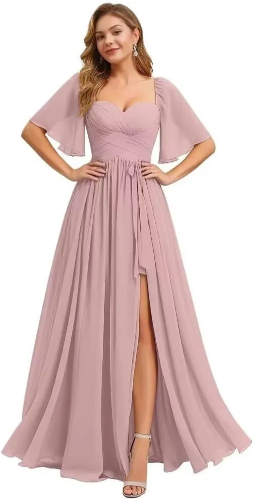 Flutter Sleeve Bridesmaid Dresses for Women Ruched Chiffon A Line Formal Dress with Slit
