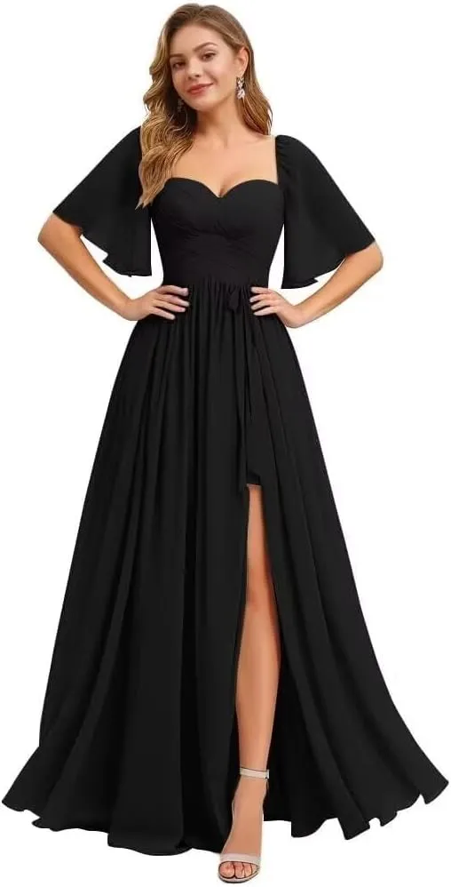 Flutter Sleeve Bridesmaid Dresses for Women Ruched Chiffon A Line Formal Dress with Slit