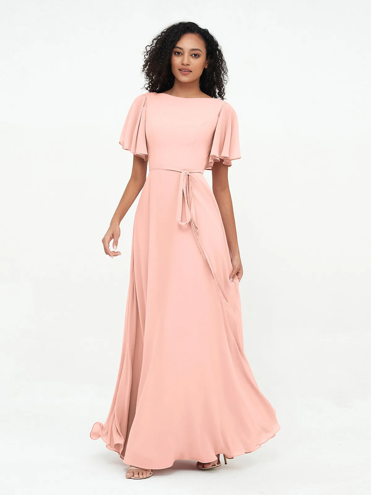 Flutter Sleeves Chiffon Max Dresses with Sash Bow-Coral