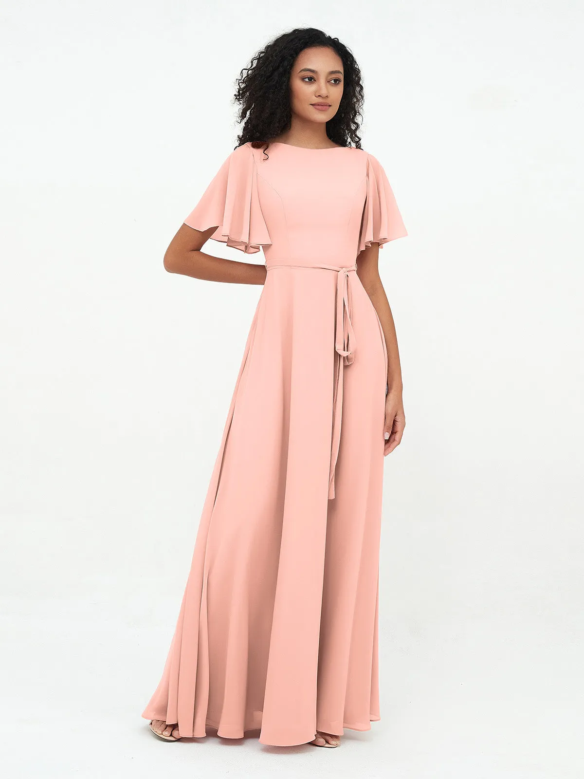 Flutter Sleeves Chiffon Max Dresses with Sash Bow-Coral
