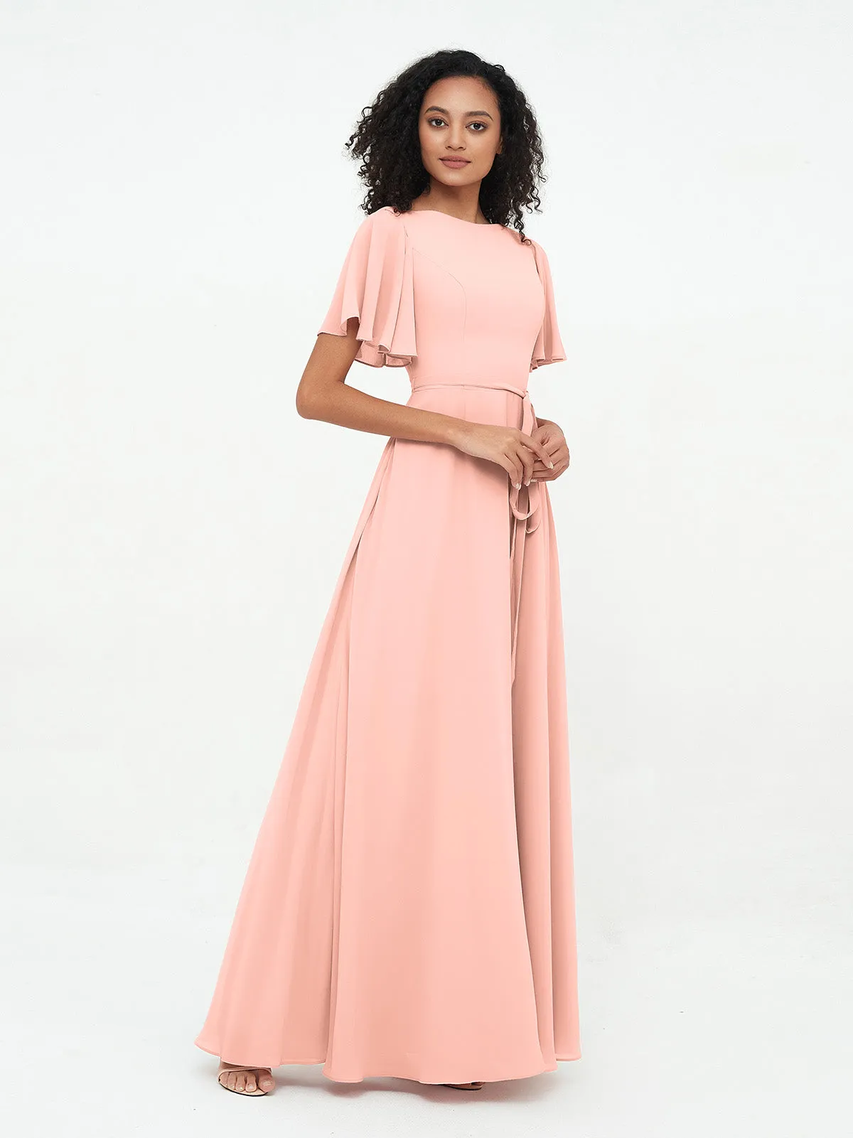 Flutter Sleeves Chiffon Max Dresses with Sash Bow-Coral