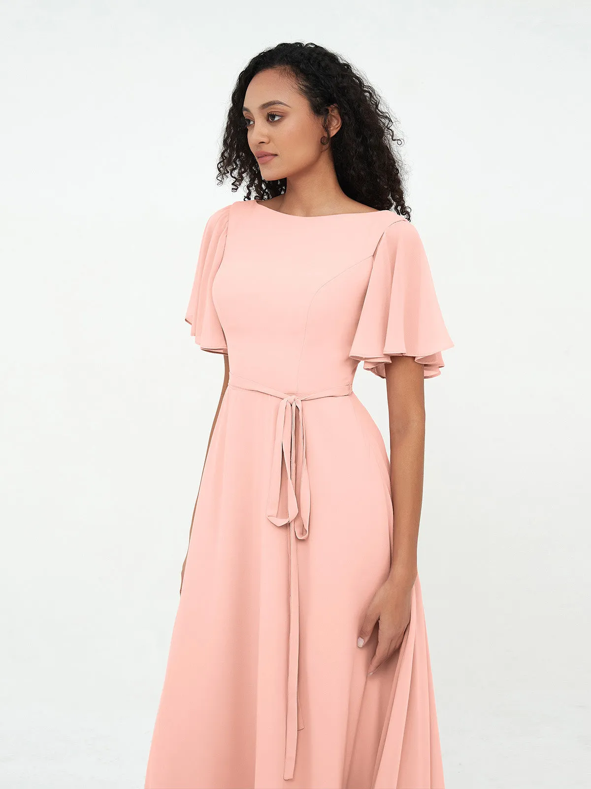 Flutter Sleeves Chiffon Max Dresses with Sash Bow-Coral