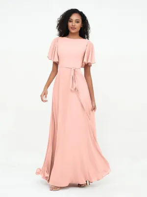Flutter Sleeves Chiffon Max Dresses with Sash Bow-Coral