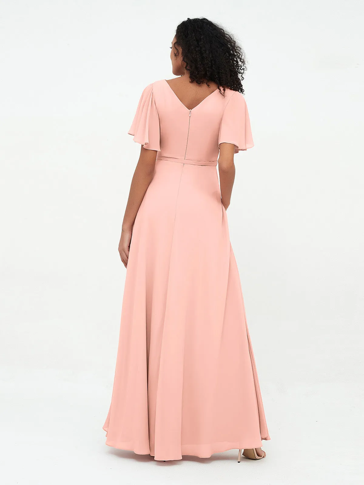 Flutter Sleeves Chiffon Max Dresses with Sash Bow-Coral