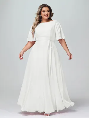Flutter Sleeves Chiffon Max Dresses with Sash Bow-Ivory Plus Size