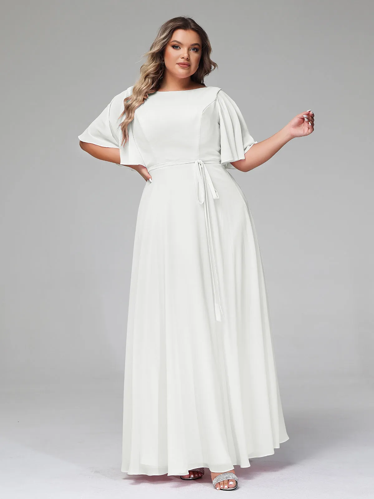 Flutter Sleeves Chiffon Max Dresses with Sash Bow-Ivory Plus Size