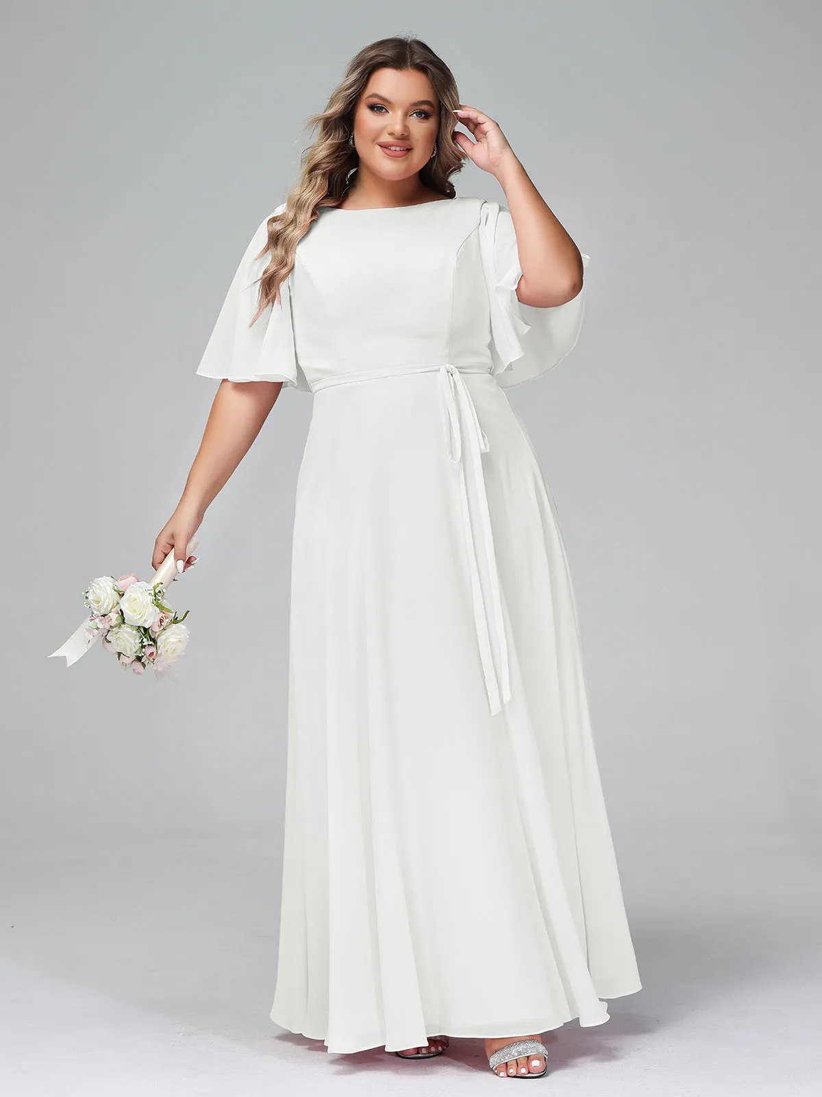 Flutter Sleeves Chiffon Max Dresses with Sash Bow-Ivory Plus Size