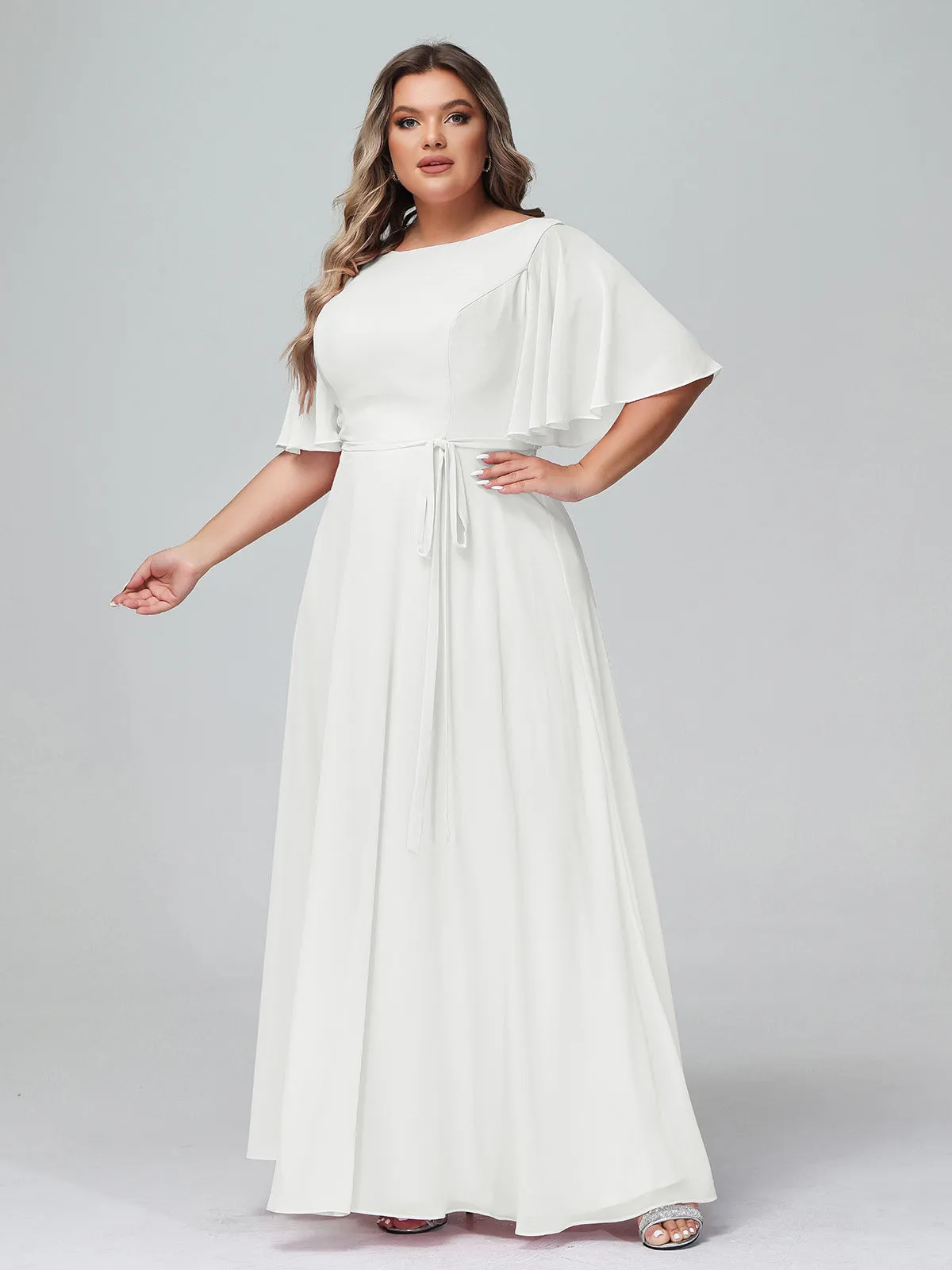Flutter Sleeves Chiffon Max Dresses with Sash Bow-Ivory Plus Size