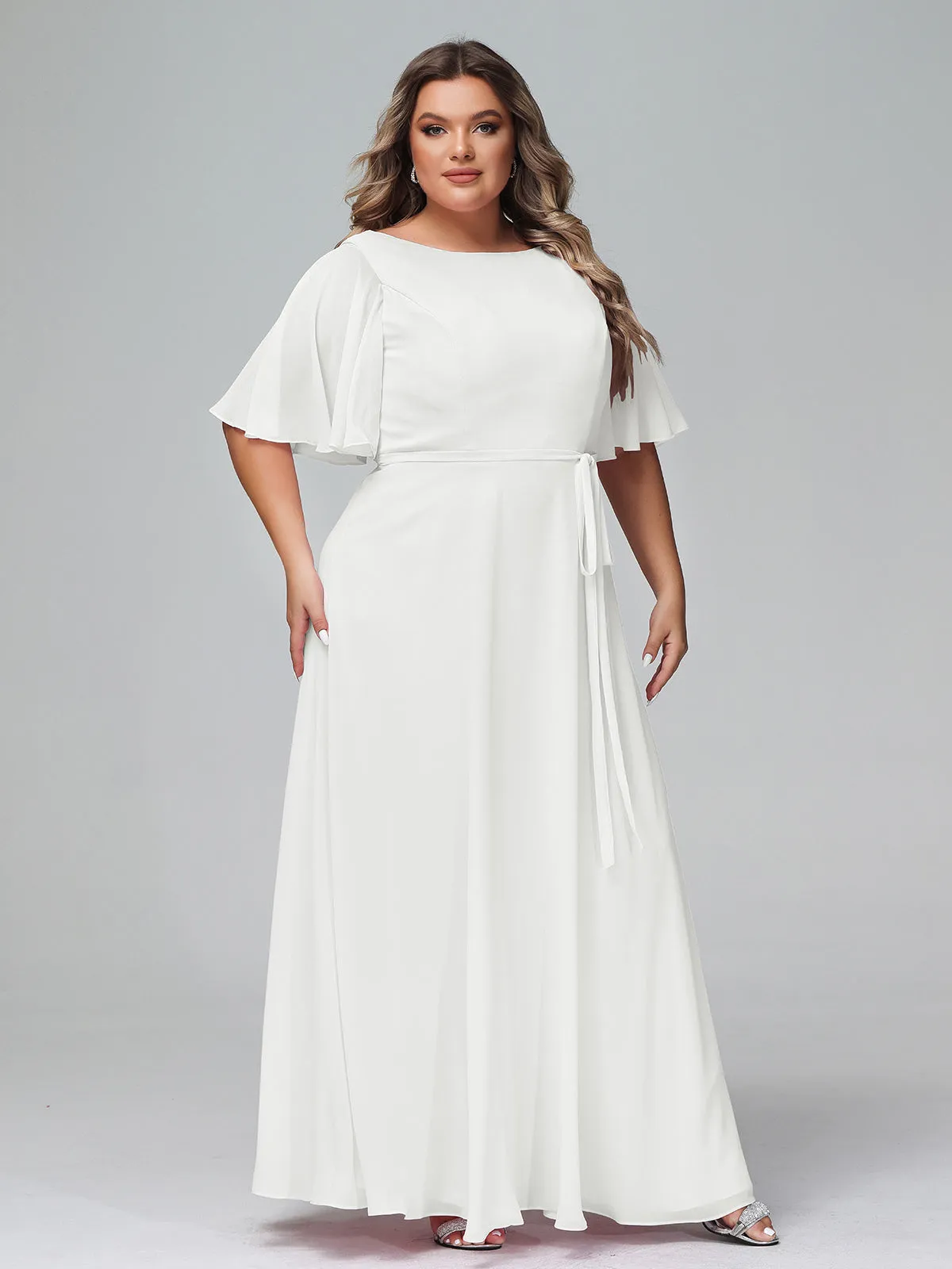 Flutter Sleeves Chiffon Max Dresses with Sash Bow-Ivory Plus Size