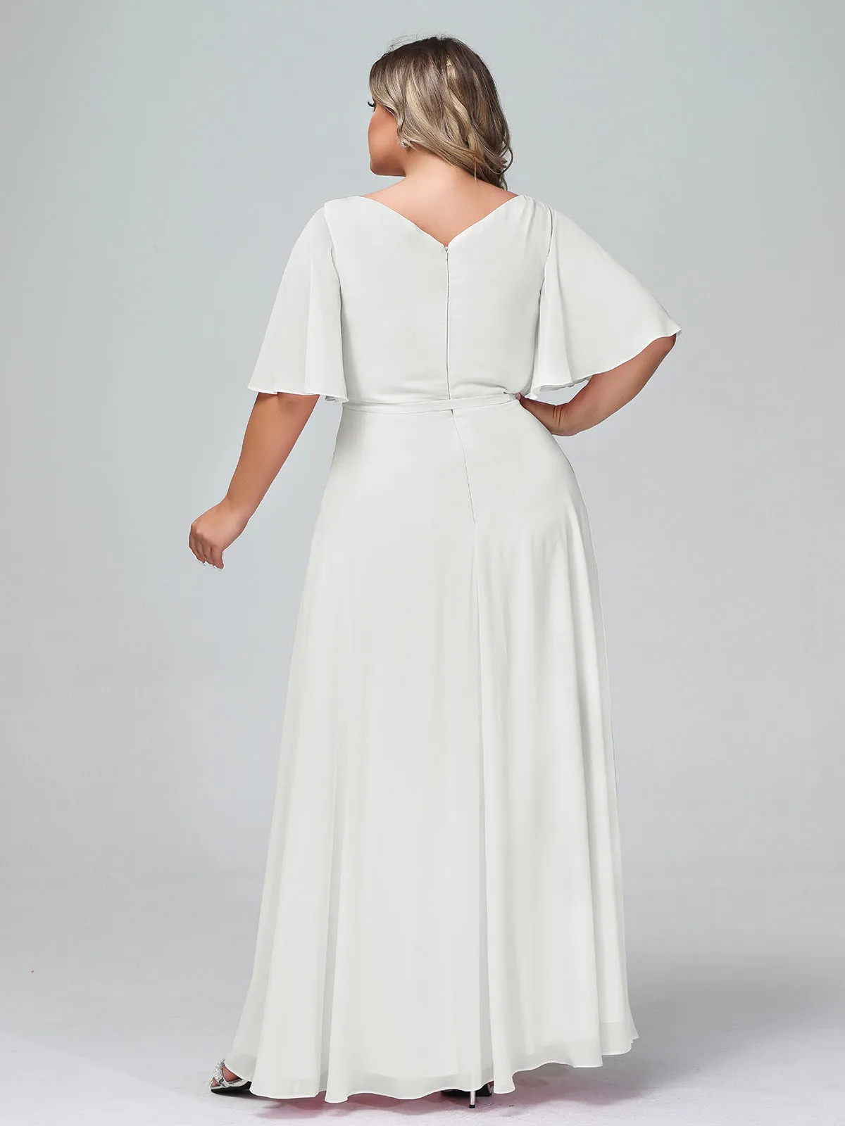 Flutter Sleeves Chiffon Max Dresses with Sash Bow-Ivory Plus Size