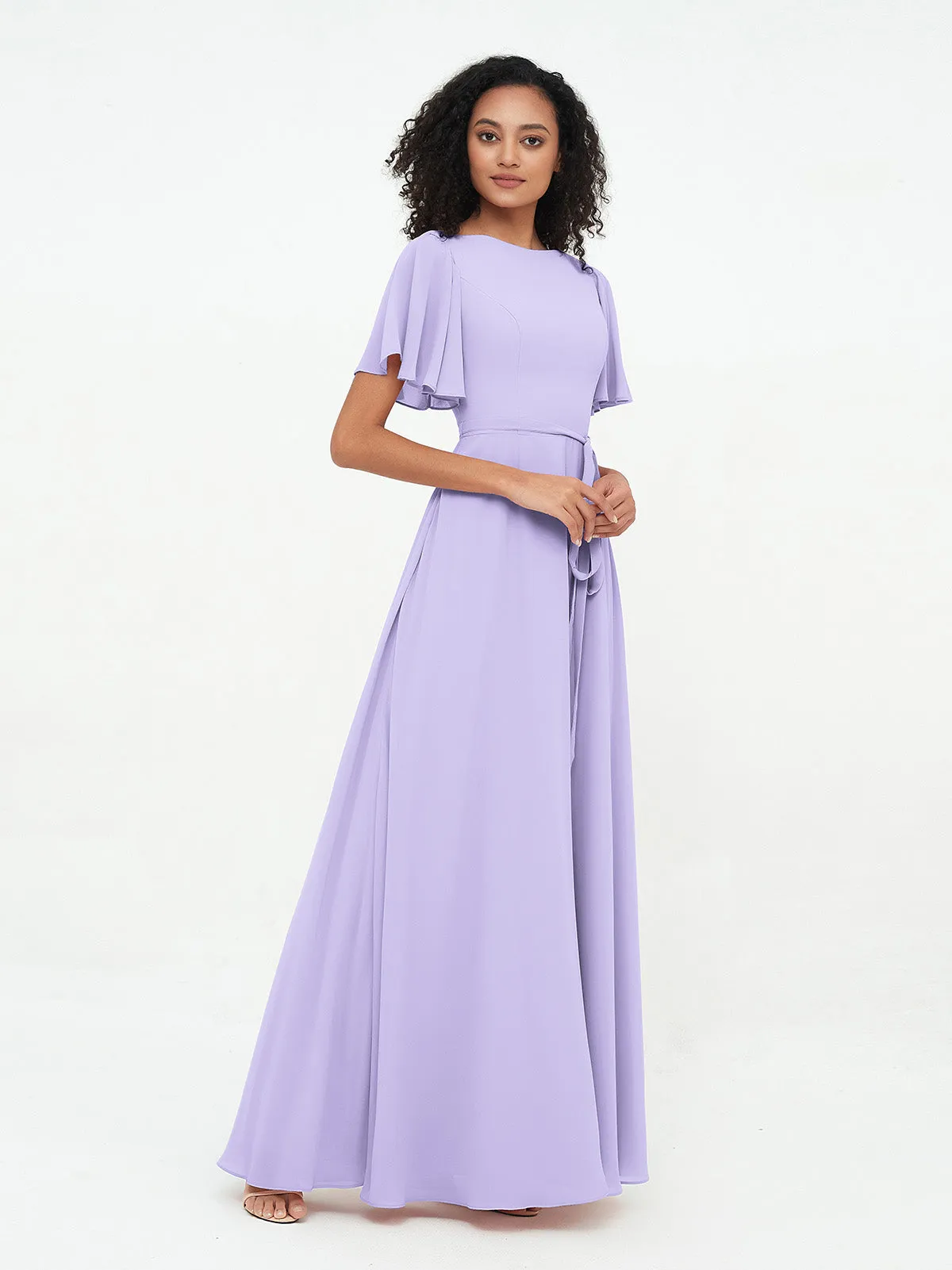 Flutter Sleeves Chiffon Max Dresses with Sash Bow-Lilac