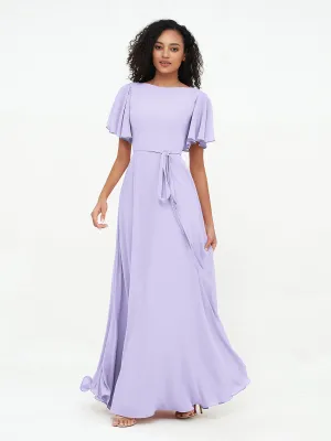 Flutter Sleeves Chiffon Max Dresses with Sash Bow-Lilac