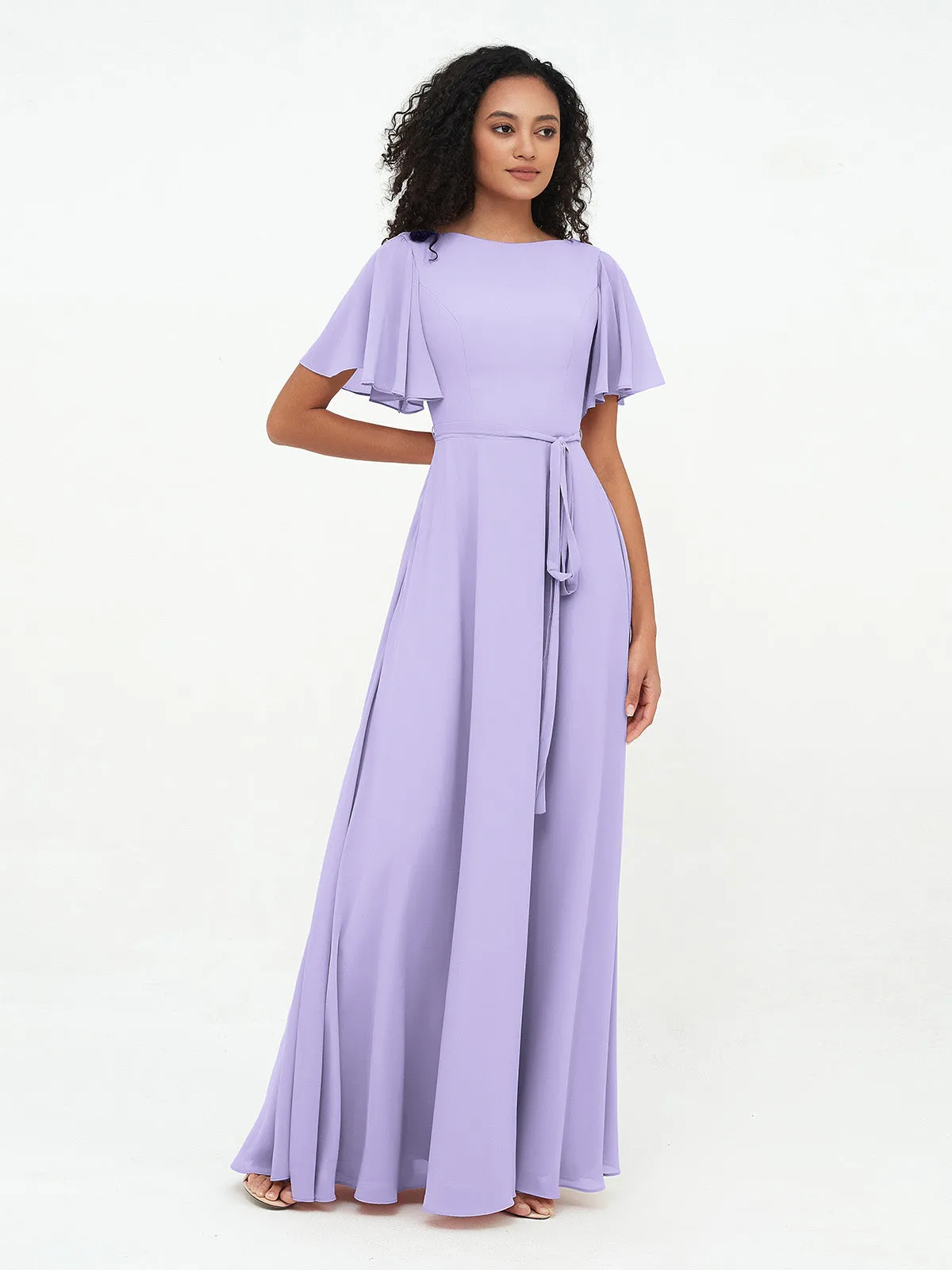 Flutter Sleeves Chiffon Max Dresses with Sash Bow-Lilac